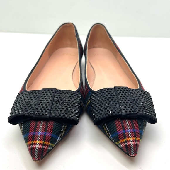 J. Crew Pointy Toe Tartan Plaid Flats with Crystal Embellished Bow - Picture 3 of 11